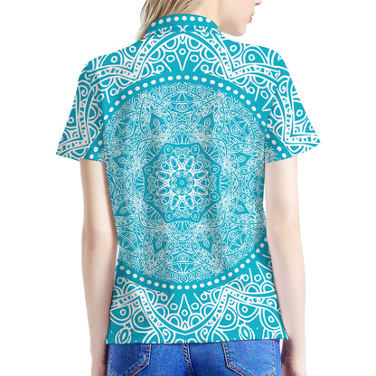 Teal And White Mandala Print Women's Polo Shirt