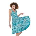 Teal And White Mandala Print Women's Sleeveless Dress