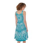 Teal And White Mandala Print Women's Sleeveless Dress