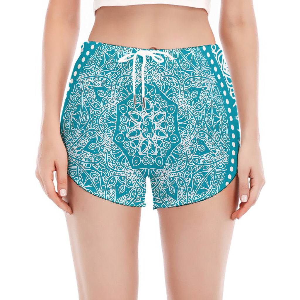 Teal And White Mandala Print Women's Split Running Shorts