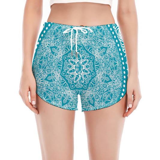 Teal And White Mandala Print Women's Split Running Shorts