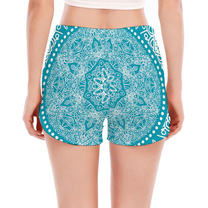 Teal And White Mandala Print Women's Split Running Shorts