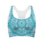Teal And White Mandala Print Women's Sports Bra
