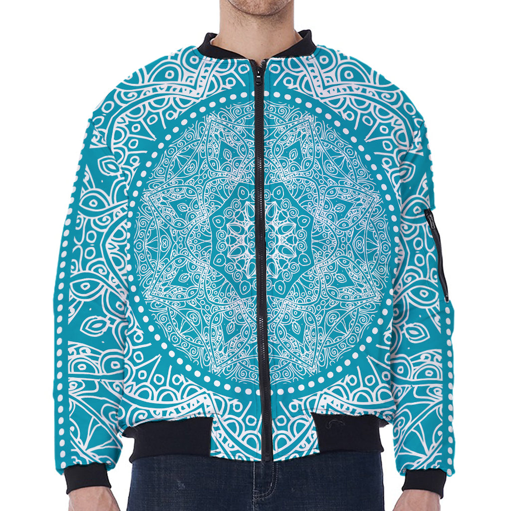 Teal And White Mandala Print Zip Sleeve Bomber Jacket