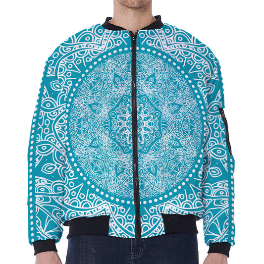 Teal And White Mandala Print Zip Sleeve Bomber Jacket