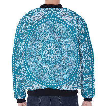 Teal And White Mandala Print Zip Sleeve Bomber Jacket
