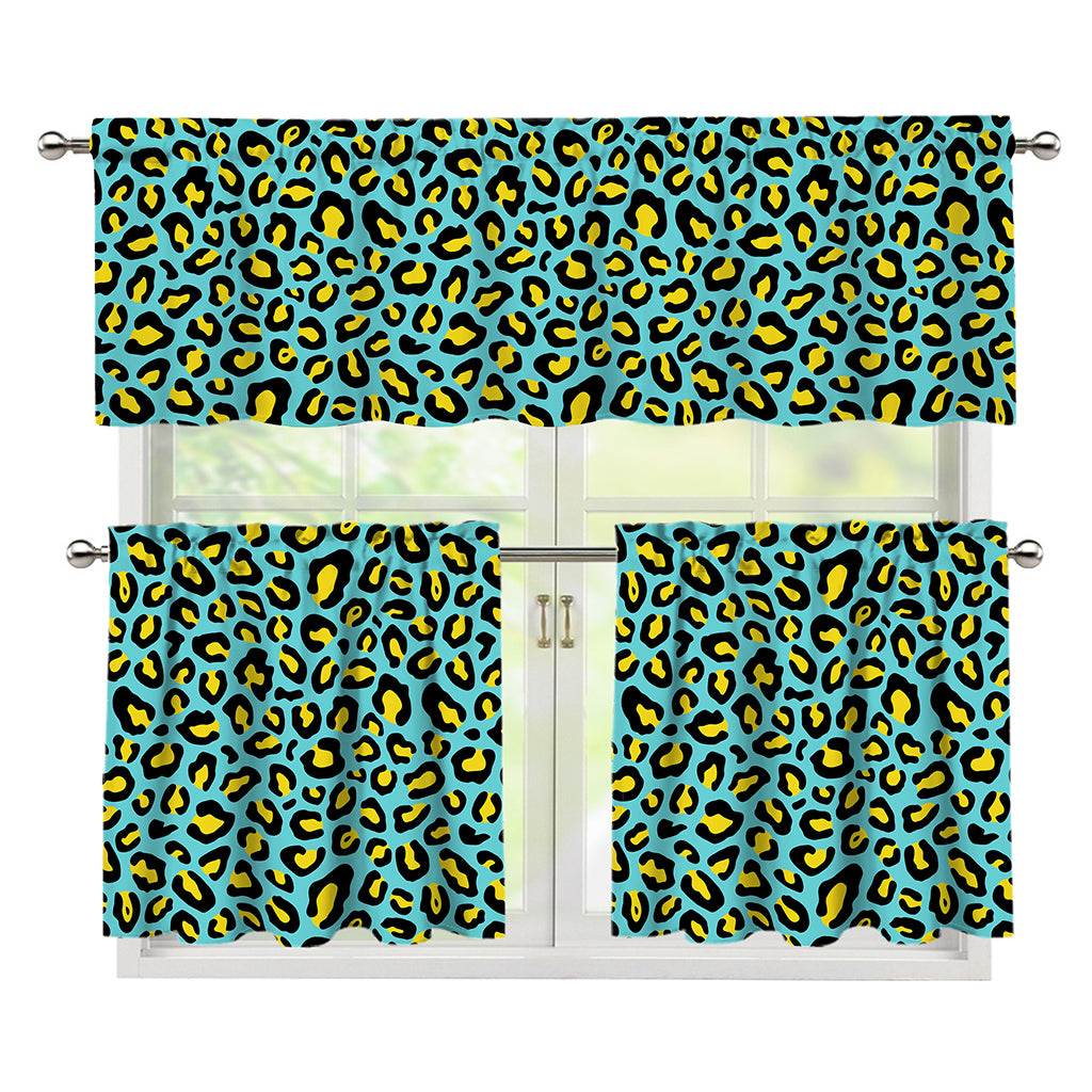 Teal And Yellow Leopard Pattern Print 3 Piece Kitchen Curtains