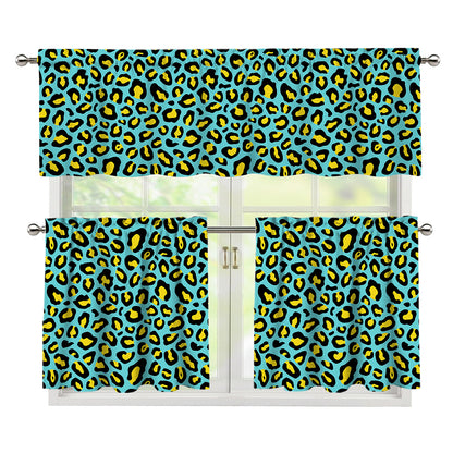 Teal And Yellow Leopard Pattern Print 3 Piece Kitchen Curtains