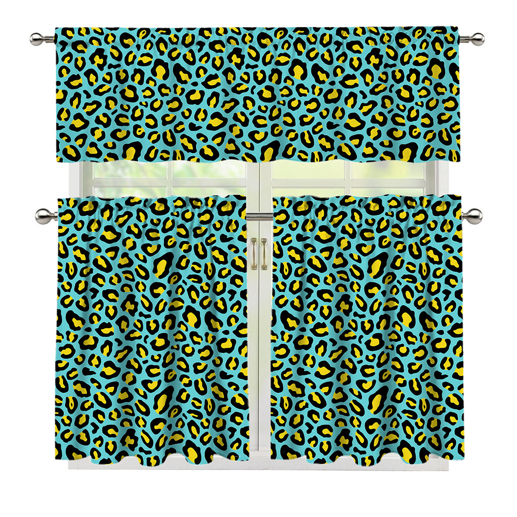 Teal And Yellow Leopard Pattern Print 3 Piece Kitchen Curtains