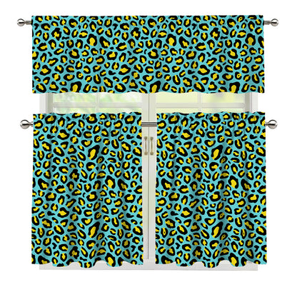 Teal And Yellow Leopard Pattern Print 3 Piece Kitchen Curtains