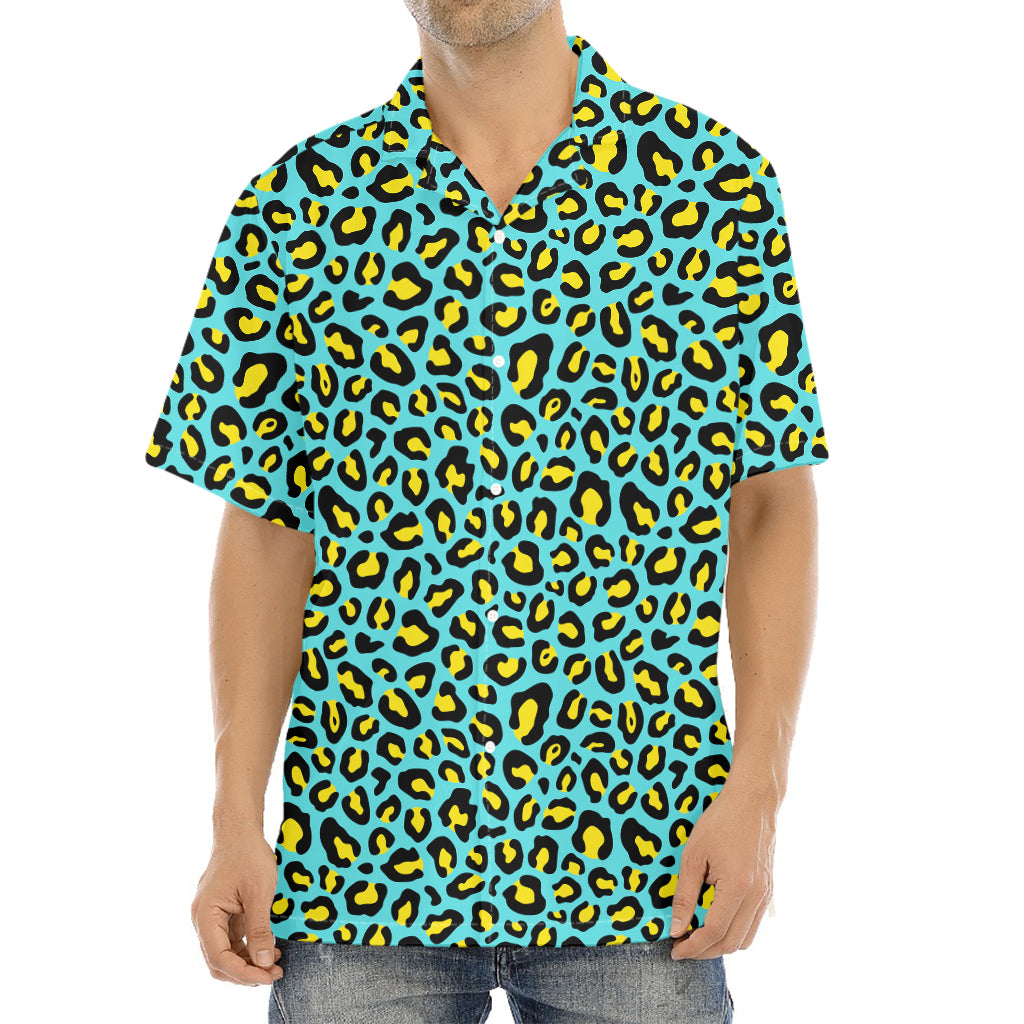 Teal And Yellow Leopard Pattern Print Aloha Shirt