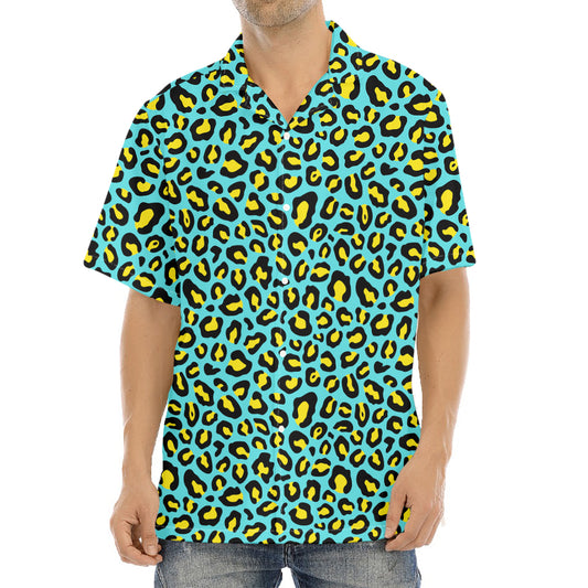 Teal And Yellow Leopard Pattern Print Aloha Shirt