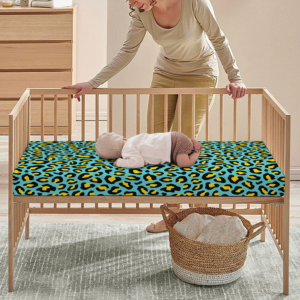 Teal And Yellow Leopard Pattern Print Baby Crib Sheet