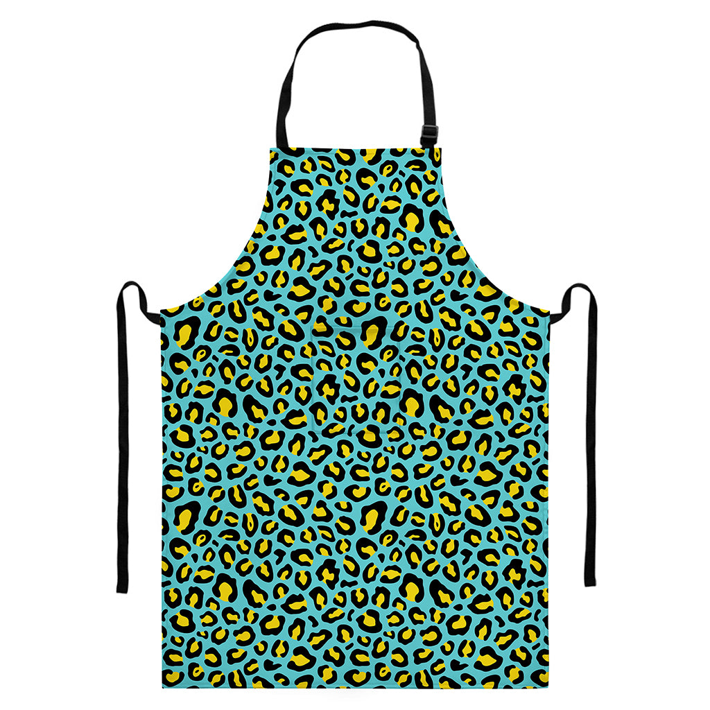 Teal And Yellow Leopard Pattern Print Bib Apron With Pocket
