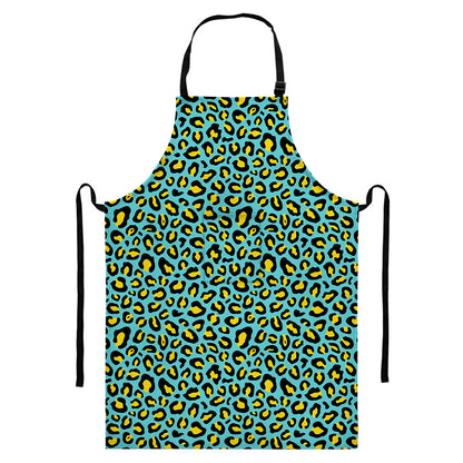 Teal And Yellow Leopard Pattern Print Bib Apron With Pocket