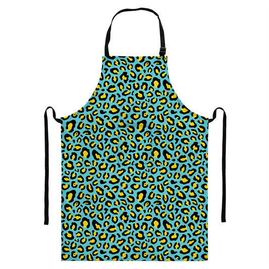 Teal And Yellow Leopard Pattern Print Bib Apron With Pocket
