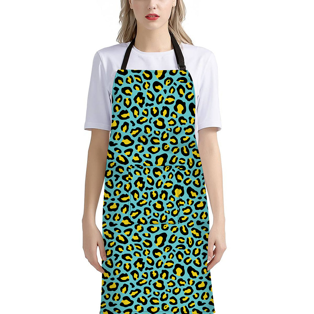 Teal And Yellow Leopard Pattern Print Bib Apron With Pocket