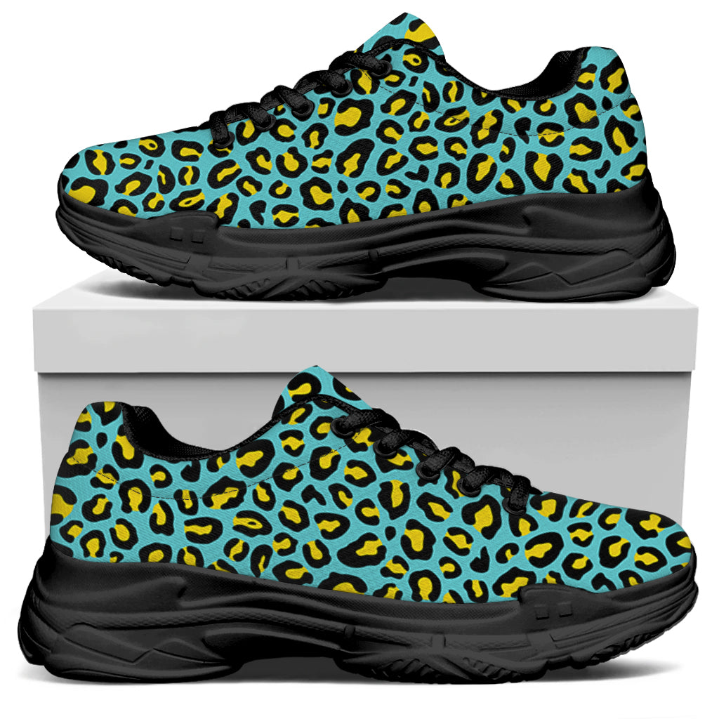 Teal And Yellow Leopard Pattern Print Black Chunky Shoes