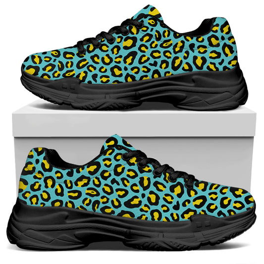 Teal And Yellow Leopard Pattern Print Black Chunky Shoes
