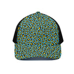 Teal And Yellow Leopard Pattern Print Black Mesh Trucker Cap