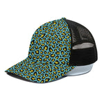 Teal And Yellow Leopard Pattern Print Black Mesh Trucker Cap