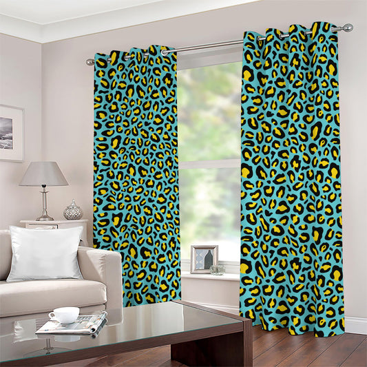 Teal And Yellow Leopard Pattern Print Blackout Grommet Curtains
