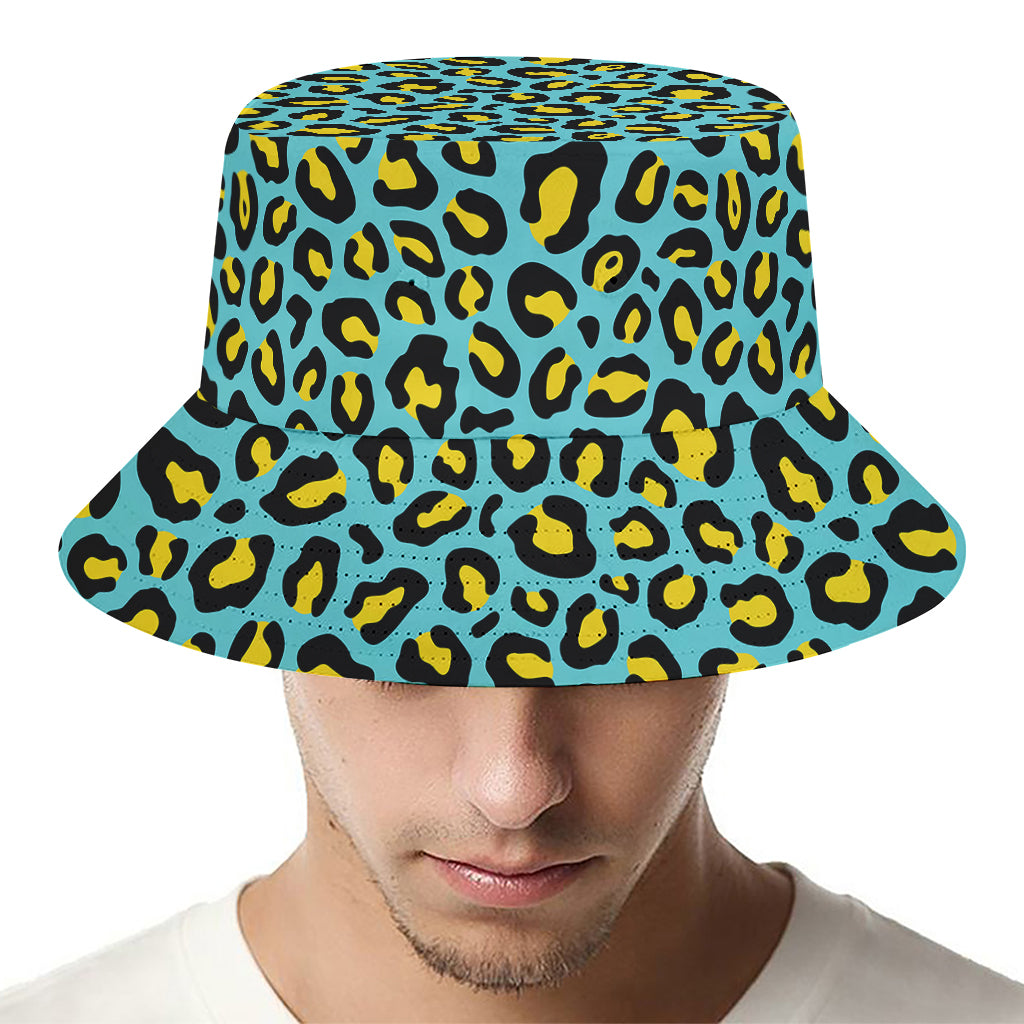 Teal And Yellow Leopard Pattern Print Bucket Hat