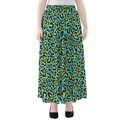 Teal And Yellow Leopard Pattern Print Chiffon Maxi Skirt
