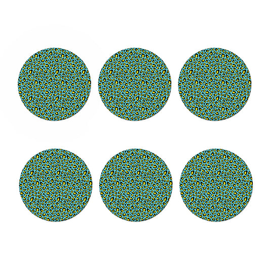 Teal And Yellow Leopard Pattern Print Coaster Set