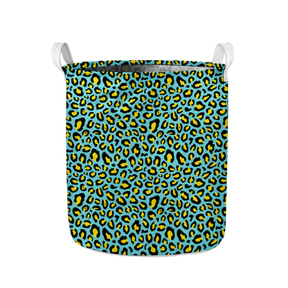 Teal And Yellow Leopard Pattern Print Collapsible Laundry Basket