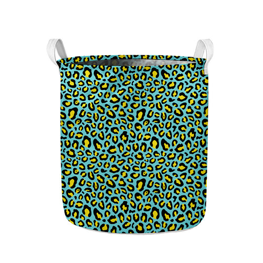 Teal And Yellow Leopard Pattern Print Collapsible Laundry Basket