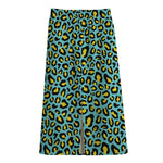 Teal And Yellow Leopard Pattern Print Cotton Front Slit Maxi Skirt