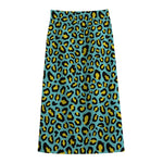 Teal And Yellow Leopard Pattern Print Cotton Front Slit Maxi Skirt