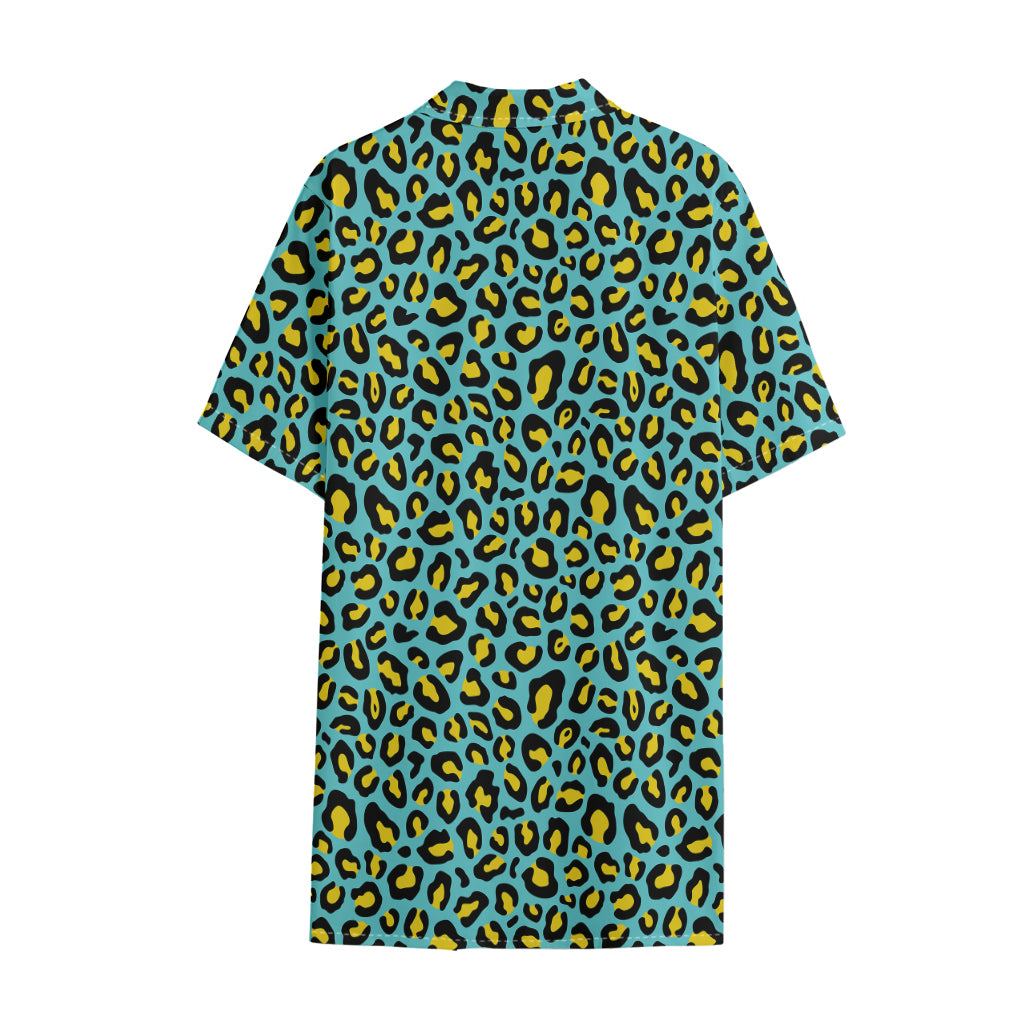 Teal And Yellow Leopard Pattern Print Cotton Hawaiian Shirt