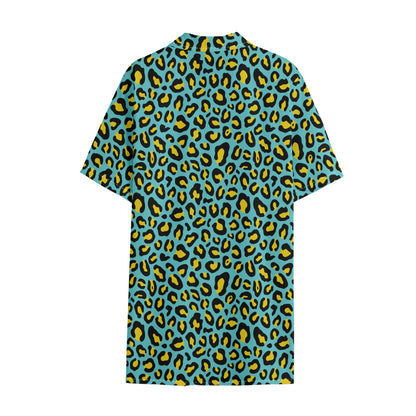 Teal And Yellow Leopard Pattern Print Cotton Hawaiian Shirt