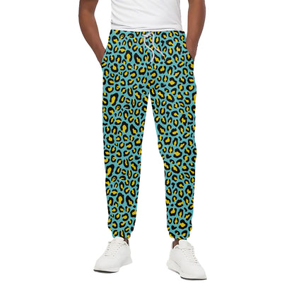 Teal And Yellow Leopard Pattern Print Cotton Pants