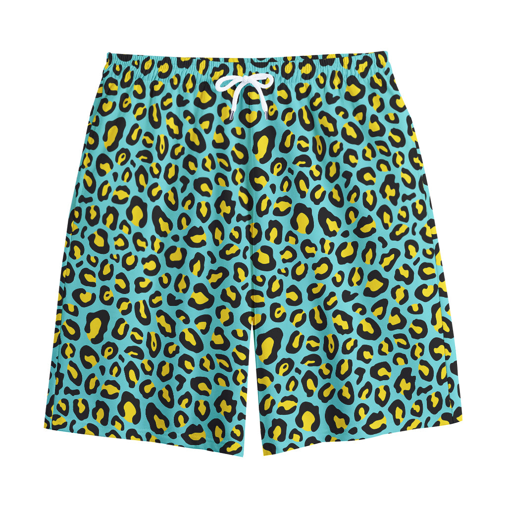 Teal And Yellow Leopard Pattern Print Cotton Shorts