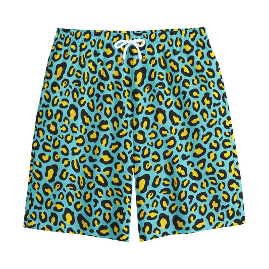 Teal And Yellow Leopard Pattern Print Cotton Shorts