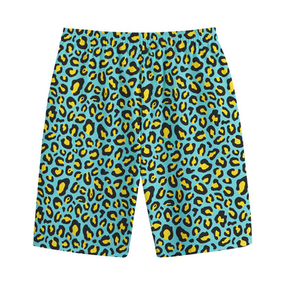 Teal And Yellow Leopard Pattern Print Cotton Shorts