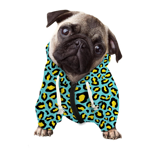 Teal And Yellow Leopard Pattern Print Dog Zip Up Hoodie