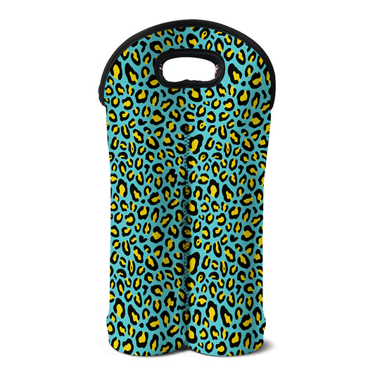 Teal And Yellow Leopard Pattern Print Double Neoprene Wine Tote