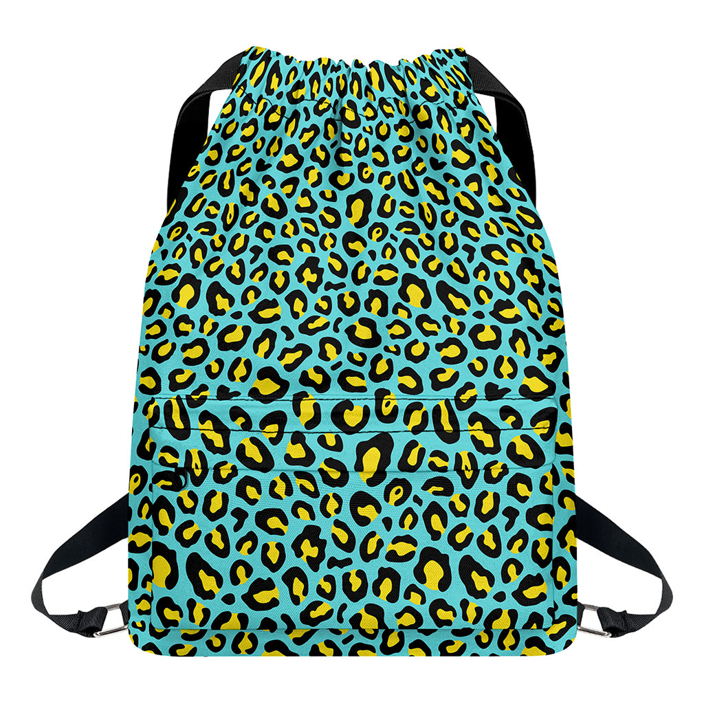 Teal And Yellow Leopard Pattern Print Drawstring Backpack