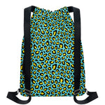Teal And Yellow Leopard Pattern Print Drawstring Backpack