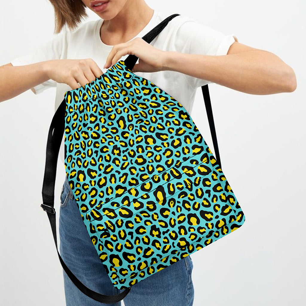 Teal And Yellow Leopard Pattern Print Drawstring Backpack