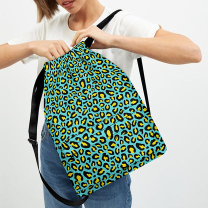 Teal And Yellow Leopard Pattern Print Drawstring Backpack