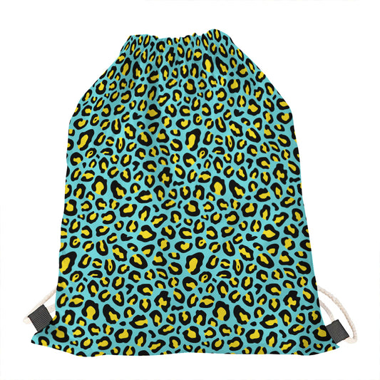 Teal And Yellow Leopard Pattern Print Drawstring Bag