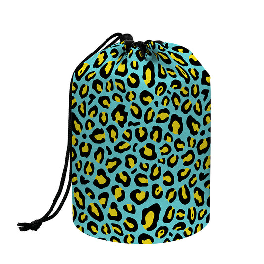 Teal And Yellow Leopard Pattern Print Drawstring Makeup Bag
