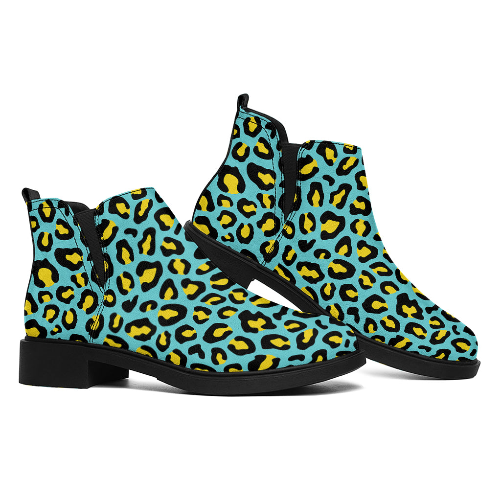 Teal And Yellow Leopard Pattern Print Flat Ankle Boots