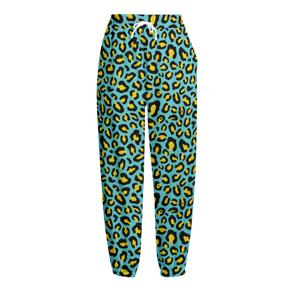 Teal And Yellow Leopard Pattern Print Fleece Lined Knit Pants