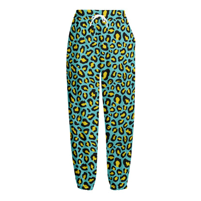 Teal And Yellow Leopard Pattern Print Fleece Lined Knit Pants
